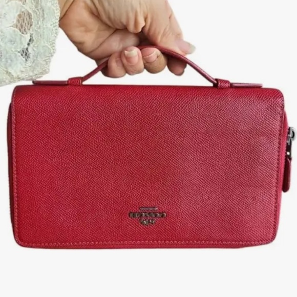 Coach Handbags - Coach Double Zip Travel Wallet Red Leather Wristlet Pebble Grain